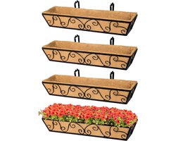 30 Inch Hanging Flower Boxes Large Metal Planter with Coconut Coir Garden Set for Railing Window Box Porch Balcony and Outdoor Fences - Set of 4