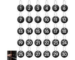 30 stuks - 1-30 Nummerlabels - plastic sleutelhangers - ronde nummerlabels - met metalen ringen - ronde nummerlabels voor identificatie en lockers in studentenkamers - zwart - 35×35mm