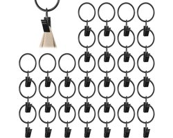 30 Stuks Gordijnringen met Clips, 32 mm Binnendiameter Zwart | Gordijnclips met Ringen, Gordijnringen voor Gordijnroedes, Robuust en Duurzaam, voor Stang, Raam, Deur, Douchegordijn