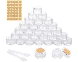 30 stuks potjes, crèmepotje leeg potje mini crèmepotje met label sticker en mini spatel voor nail art lippenbalsem crème, 5g 5ml，Transparant