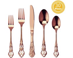 30 stuks roestvrijstalen bestekset - Prachtige retro koningsroze gouden roestvrijstalen bestekset - Roestvrijstalen bestekset inclusief vork, lepel en mes