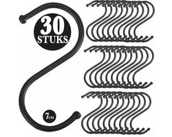 30 Stuks - Zwart Metaal S Vormige Haken - 7cm Lengte - Ophanghaken - Haakjes voor Keuken, Badkamer & Tuin - Kledinghangers - Jashaak Hangers - Handdoekhaakjes - Keukengerei Organizer Haak - Kapstok S-haken - Vleeshaken - Muurhaak