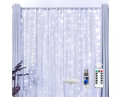300 LED heldere gordijnverlichting, 8 lichtstanden, USB-voeding, kerstverlichting met afstandsbediening, 3 x 3 m lichtsnoer voor kerstfeest, bruiloft, buiten- en binnenmuurdecoraties (Wit)