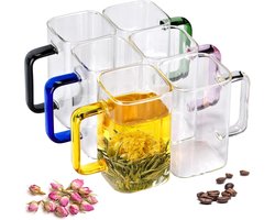 300 ml transparante glazen kopjes set van 6 - vierkant design met gekleurde handgrepen voor thee sap koffie - dagelijks gebruik en feesten - restaurants en bruiloften koffiekopjes set van 6