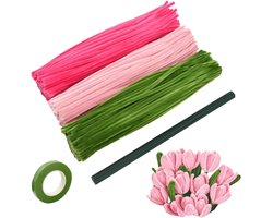 300 stuks chenillestengels voor bloemenknutselset - 3 kleuren, inclusief bloementape, 30 extra stengels - bloemboeketten maken, kerstversiering, kunstbenodigdheden.
