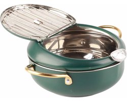 304 Rvs Diep Frituurpan - Met Thermometer - Japanse Stijl Handvat - Voor Inductie Kookplaat - Diep Groen