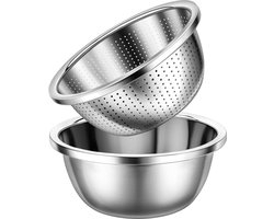 304 RVS Vergiet met Mengkom - 2-in-1 Keukenzeef Set - Groot Vergiet - Metaal RVS Zeef voor Rijst, Pasta & Groenten - Vaatwasserbestendig - 20x8.5 cm