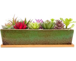 30cm Ceramic Succulent Planter Pots Modern Long Rectangular Flower Plant Containers with Tray Shallow Cactus Bonsai Window Tray with Drainage for Indoor/Outdoor Home Decoration (Green) by ARTKETTY