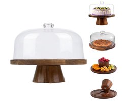 30cm Houten Taartstandaard met Glazen Stolp - Magnetische Demonteerbare Taartplateau Voetstuk, Roterende Taartschaal voor Taarten, Kaas, Tapas, Hapjes en Desserts, Decoratieve Serveerplank voor Feesten, Bruiloften en Huwelijkscadeau
