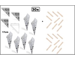 30x Frietzak krant 17cm papier + 30x houten frietvorkje - Festival thema feest evenement friet patat puntzak patat frites bakje snack zak uitdeel