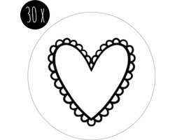 30x Stickers / Sluitstickers | HARTJE | boho | 35 mm | wit & zwart | huwelijk / trouwfeest / trouwkaart