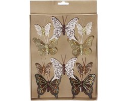 30x stuks Decoratie vlinders op clip bruin/goud - vlindertjes decoraties - Kerstboomversiering / woondecoratie / knutsel/hobby