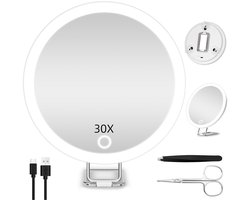 30x Vergrotende Spiegel met Licht - Douche Spiegel met Zuignap - Hangende Make-up Spiegel met Verlichting - 3 Kleuren Dimbaar - Oplaadbare LED Cosmeticaspiegel voor Wastafel en Badkamer - Wit