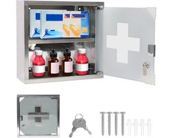30X12X30cm Rvs Medische Kasten | 2 Vakken Sluitbare Apothekerskast | Inkl. Glazen Deur En 2 Sleutels | Hangende Huisapotheek Doos | Zilveren Wand Medicijnkast | Eerste Hulp Medicijnkast NAIZY