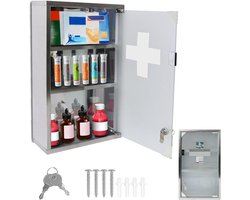 30x12x50cm Rvs Medische Kasten | 3 Vakken Sluitbare Apothekerskast | Inkl. Glazen Deur En 2 Sleutels | Hangende Huisapotheek Doos | Zilveren Wand Medicijnkast | Eerste Hulp Medicijnkast NAIZY