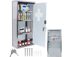 30x12x57.5cm Rvs Medische Kasten | 4 Vakken Sluitbare Apothekerskast | Inkl. Glazen Deur En 2 Sleutels | Hangende Huisapotheek Doos | Zilveren Wand Medicijnkast | Eerste Hulp Medicijnkast NAIZY