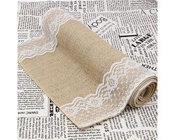 30x180cm Rustieke Jute Kant Tafelkleed Natuurlijke Jute voor Bruiloft Festival Evenement Tafel Decoratie Witte Kant