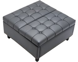 31 inch vierkante poef met opbergruimte, gestoffeerde gecapitonneerde salontafel met lift-top en flip-ontwerp, PU-leer en schuim met hoge dichtheid voor woonkamer, slaapkamer, studentenkamer, grijs