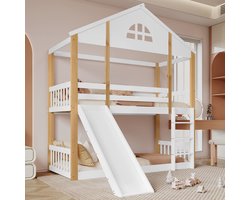 [31116667WAA] Etagenbed met karakteristieke ramen en drietraps hoekleider, kinderbed met sleiper, huisbed met heinen en valsbescherming, bedframe van massief hout, Wit+Natuur, 90x200cm