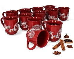 3160100 - Set van 12 glühwein mokken in donkerrood met kerstlandschap 0.2L gekalibreerd