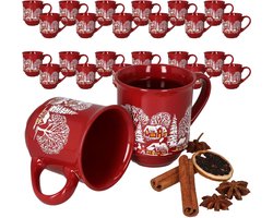 3160100 - Set van 36 glühwein mokken in donkerrood met kerstlandschap 0,2 liter, gekalibreerd
