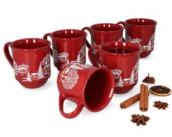 3160100 - Set van 6 glühwein mokken in donkerrood met kerstlandschap 0.2L gekalibreerd