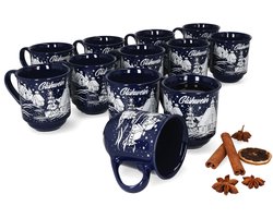 3160110 - Set van 12 glühwein mokken in donkerblauw met kerstlandschap 0.2L gekalibreerd ZONDER LICHT