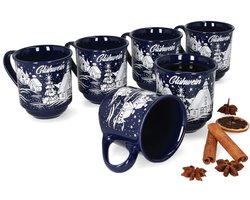 3160110 - Set van 6 glühwein mokken in donkerblauw met kerstlandschap 0.2L gekalibreerd ZONDER LICHT