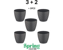 3+2 - Bloempotten - rond - antraciet met afwatering en wateropvang - 5 ronde donkere sierpotten