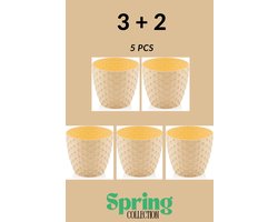 3+2 - Bloempotten - rond - geel met afwatering en wateropvang - 5 ronde gele sierpotten