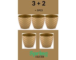 3+2 - Bloempotten - rond - goud met afwatering en wateropvang - 5 ronde sierpotten