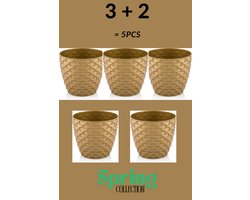 3+2 - Bloempotten - rond - goud met afwatering en wateropvang - 5 ronde sierpotten