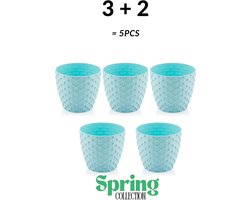 3+2 - Bloempotten - rond - licht blauw met afwatering en wateropvang - 5 ronde blauwe sierpotten
