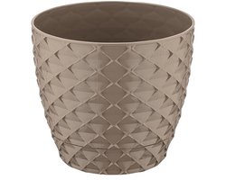 3+2 - Bloempotten - rond taupe met afwatering en wateropvang - 5 ronde mokka sierpotten