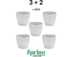 3+2 - Bloempotten - rond wit met afwatering en wateropvang - 5 ronde witte sierpotten