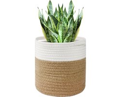 32 cm plantenpot voor binnen met voering, geweven katoenen opbergmand, grote potten voor kamerplanten en woondecoratie,Wit kaki