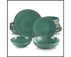 32-delige Groene Stoneware Serviesset - Dinerbord, Dessertbord, Soepbord, Kom - Voor 8 Personen - Handgemaakt Relief Design, Uniek Golvend Patroon - Duurzaam, Oven- en Vaatwasbestendig - Elegant en Modern Ontwerp