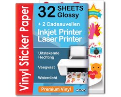 32 Glossy Vinyl Stickervellen A4 Printer Paper - Stickerpapier Voor Printer - Incl. 2 Geschenkvellen - Inkjet & Laser Printer - Waterbestendig - Scheurbestendig - Sneldrogend - Sticker Printer Papier - Sticker Papier - Stickerpapier A4