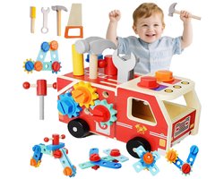 32 stuks Montessori gereedschapskist voor kinderen, 2-in-1 houten werkbank en brandweerauto voor peuters van 2-6 jaar, bevordert de fijne motoriek en creativiteit, educatief speelgoed, cadeau voor jongens en meisjes