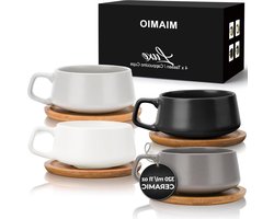 320 ml Set of 4 Ceramic Tea Cup and Saucer Bamboo- Wide Cappuccino Cup Coffee Cups Ceramic Mug for Cappuccino Latte Espresso & Americano - Luxury Collection (Classic koffiekopjes set van 6