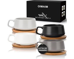 320 ml set van 4 keramische theekop en schotel bamboe/theemok - brede cappuccino beker koffiekopjes keramische mok voor cappuccino latte espresso & Americano - luxe collectie met zoekwoord toegevoegd theezak schotel