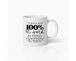 330ml Grappige Werk Mok – "Ik Geef Altijd 100% op Het Werk" met Wekelijkse Percentage Verdeling – Humoristisch Koffiebeker Cadeau