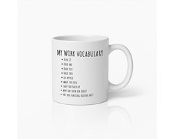 330ml Grappige Werkwoorden Mok – Humoristische Koffiebeker met Sarcastische Taal – Stoer Cadeau voor Kantoorhumor Liefhebbers