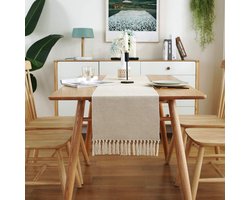33x183cm Geweven katoenen linnen tafelloper met kwastjes - Linnen rustieke jute tafelloper - Boerderijstijl landelijke Boheemse tafelloper decoratie - Geschikt voor binnen en buiten eettafel dressoir