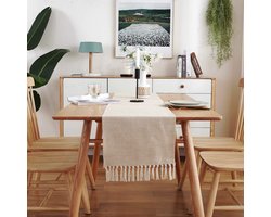 33x275cm Geweven katoenen linnen tafelloper met kwastjes - Linnen rustieke jute tafelloper - Boerderijstijl landelijke Boheemse tafelloper decoratie - Geschikt voor binnen en buiten eettafel dressoir