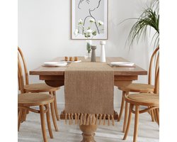33x275cm Geweven katoenen linnen tafelloper met kwastjes - Linnen rustieke jute tafelloper - Boerderijstijl landelijke Boheemse tafelloper decoratie - Geschikt voor binnen en buiten eettafel dressoir
