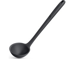 34 cm siliconen soeplepel: 315 ℃ hittebestendig non-stick naadloze rubberen coating grote diepe keuken serveerlepel voor kooksauzen stoofschotels (zwart)