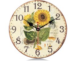 34 cm vintage houten wandklok met zonnebloemmotief, stille vintage wandklok met bloemenmotief, shabby chic ronde decoratie zonder vinkje voor woonkamer, slaapkamer, keuken en kantoor