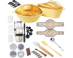 34-Delige Siliconen Rijsmandjes Set - Zuurdesem Broodbakset incl. Ronde & Ovale Rijsmand, Starter Potten, Broodmes, Deegklopper en Bakmatten - Compleet Bakgerei