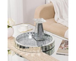 34,9 cm spiegel-parfum dienblad voor commode – HMTM zilveren geplette diamanten make-uptafels, ronde sieraden-make-uporganizer, decoratieve accenten voor thuis, salontafel, badkamer, slaapkamer